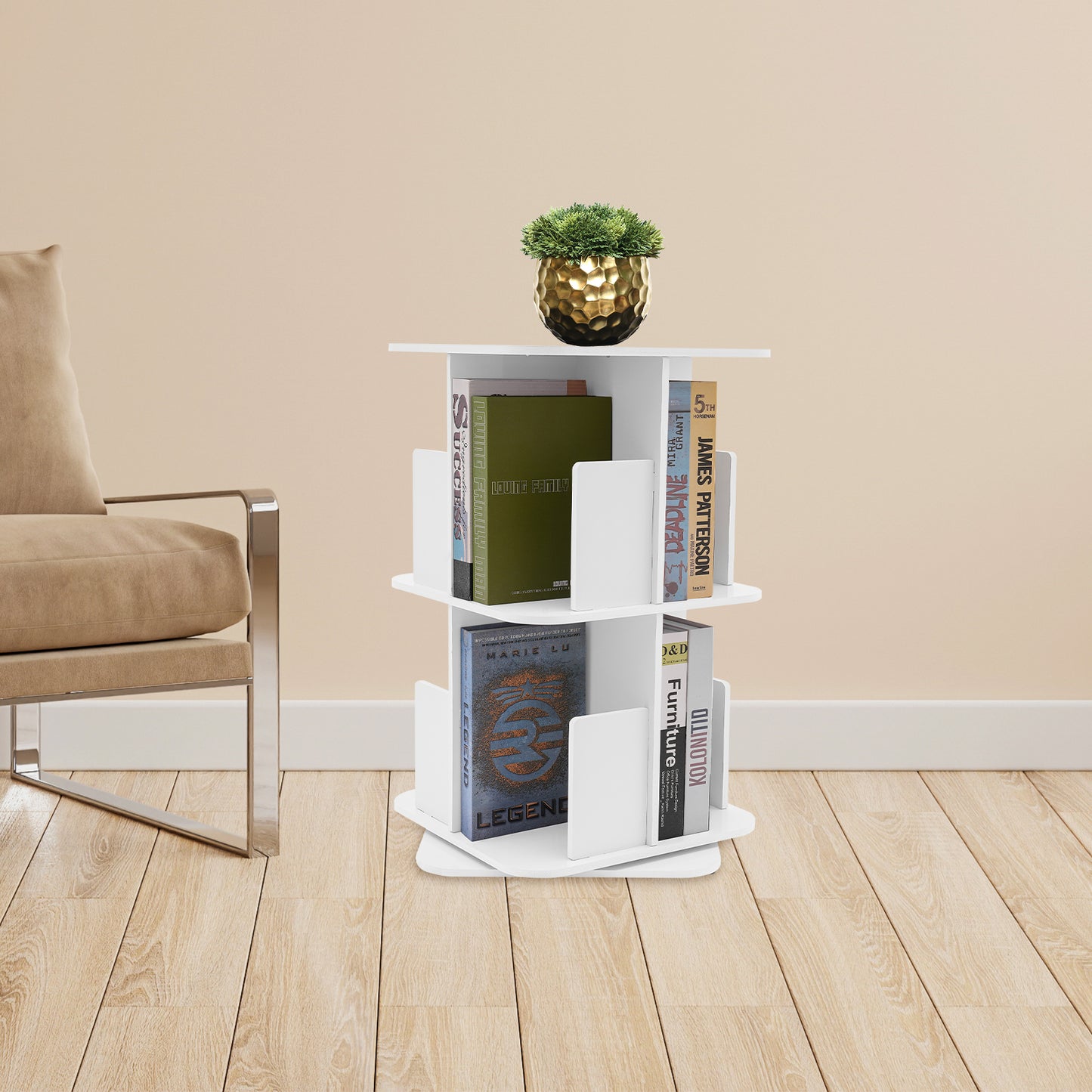 2-Tier Rotating Bookshelf, Corner Bookshelf for Small Space, 360° Display Revolving Bookcase for Bedroom, Living Room